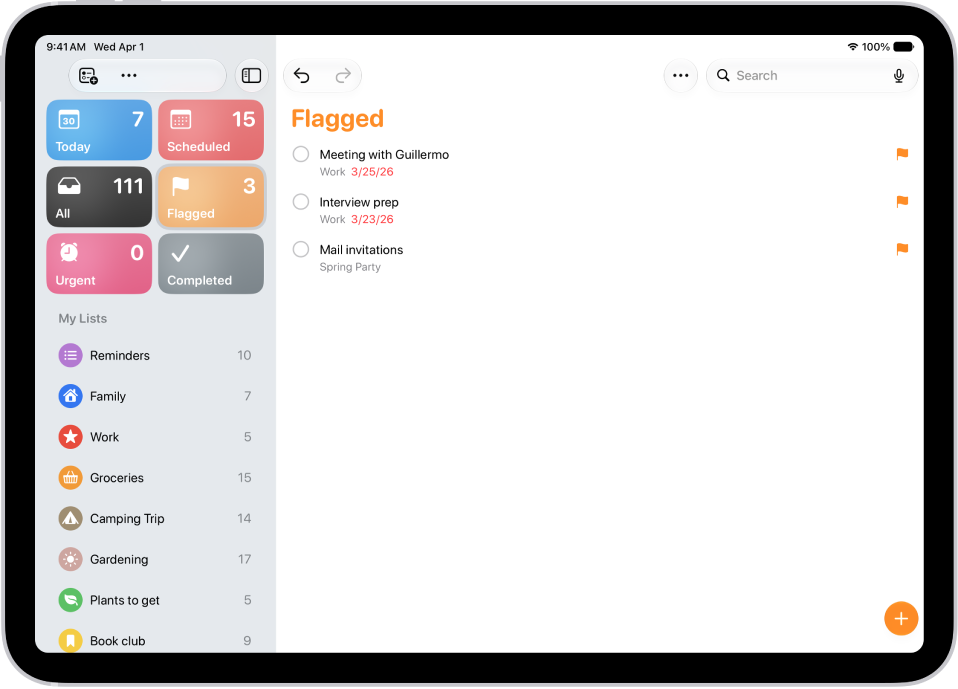 A Reminders screen showing a Smart List that contains all flagged items.
