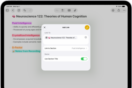 Adding a link to a section in a note in the Notes app.