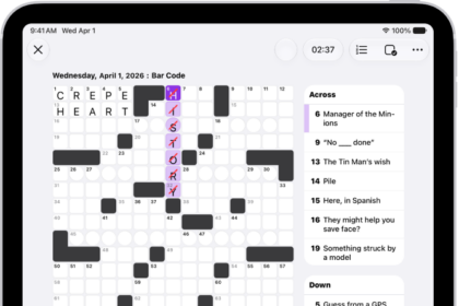 A partially filled crossword puzzle, with the clues along the left side.