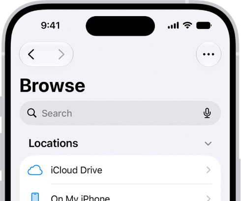 The Files app displaying multiple folders and locations named Downloads, Letters, Family, and so on. At the bottom of the screen are buttons for Recent files, Shared files, and the Browse tab.