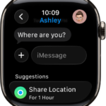 Apple Watch showing a conversation in the Messages app. A suggestion to share a location is at the bottom of the screen.