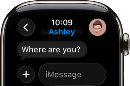 Apple Watch showing a conversation in the Messages app. A suggestion to share a location is at the bottom of the screen.