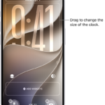 A custom Lock Screen in the process of being edited. Elements available for customization are selected—the date, the time, and a button for adding widgets.