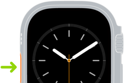 Illustration of Apple Watch with an arrow pointing to the Action button on the left side.