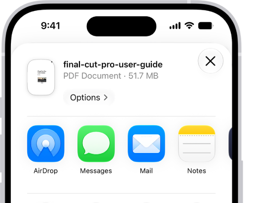 In Safari, the Share button on a PDF has been tapped, revealing a list of options including Save to Files near the bottom of the screen.