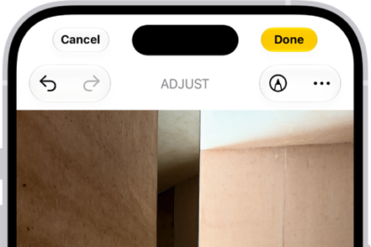 On iPhone, a phot is being edited in the Photos app. The Adjust button is selected, and a slider is available below the Exposure setting to adjust its level. The Cancel button is in the top-left corner of the screen and the Done button is in the top-right corner.