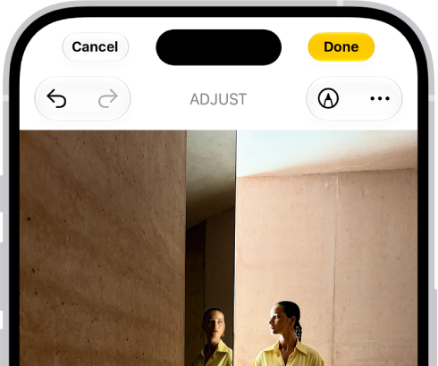 On iPhone, a phot is being edited in the Photos app. The Adjust button is selected, and a slider is available below the Exposure setting to adjust its level. The Cancel button is in the top-left corner of the screen and the Done button is in the top-right corner.