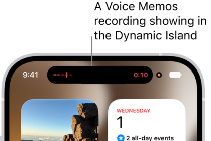 An iPhone Home Screen, showing a live Voice Memo recording in the Dynamic Island at the top of the screen.