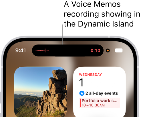 An iPhone Home Screen, showing a live Voice Memo recording in the Dynamic Island at the top of the screen.