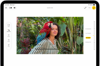 A video is open in the Photos app. On the left side of the screen are editing buttons for Video, Audio Mix, Adjust, Filters, and Crop. Audio Mix is selected. On the right side of the screen are buttons to adjust the sound options which are Standard, In-Frame, Studio, and Cinematic. Studio is selected.