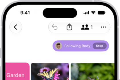 An iPhone with the Freeform app open. The board includes handwriting, text, drawings, shapes, photos, videos, sticky notes, links, and other files.
