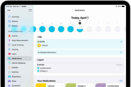 The Medications screen in Health showing the date and a log for medications.