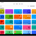 The Search screen in the Podcasts app, showing podcast categories. Towards the bottom of the screen is the MiniPlayer.