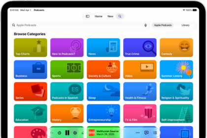 The Search screen in the Podcasts app, showing podcast categories. Towards the bottom of the screen is the MiniPlayer.