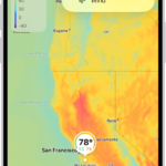 A wind map of the ocean fills the Weather app screen. The Close Map button and the Wind Map Overlay Scale are in the top-left corner. In the top-right corner, from top to bottom, are the Overlay Menu, Current Location, and Locations buttons. Along the bottom is a timeline.
