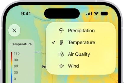 A wind map of the ocean fills the Weather app screen. The Close Map button and the Wind Map Overlay Scale are in the top-left corner. In the top-right corner, from top to bottom, are the Overlay Menu, Current Location, and Locations buttons. Along the bottom is a timeline.