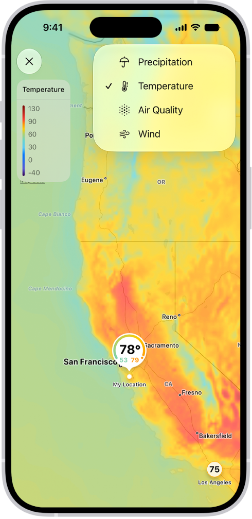 A wind map of the ocean fills the Weather app screen. The Close Map button and the Wind Map Overlay Scale are in the top-left corner. In the top-right corner, from top to bottom, are the Overlay Menu, Current Location, and Locations buttons. Along the bottom is a timeline.