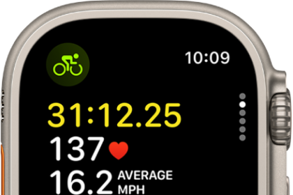 A cycling workout in progress shows the workout's elapsed time, heart rate, average speed, elevation gained, and total distance.