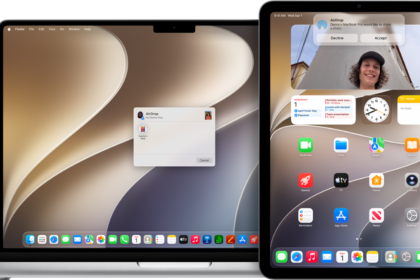 A Mac is next to an iPad. The AirDrop dialog is open on the Mac desktop, ready to share a document with the iPad. The iPad screen has a notification about receiving the document.