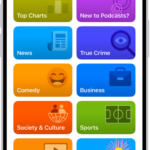 The Search screen in the Podcasts app, showing podcast categories. Toward the bottom of the screen is the MiniPlayer. Below that are the Home button and the search field.