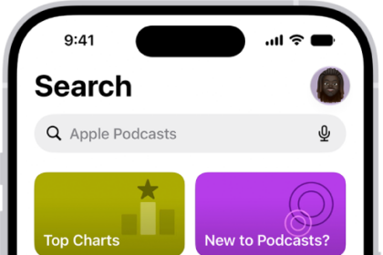 The Search screen in the Podcasts app, showing podcast categories. Toward the bottom of the screen is the MiniPlayer. Below that are the Home button and the search field.
