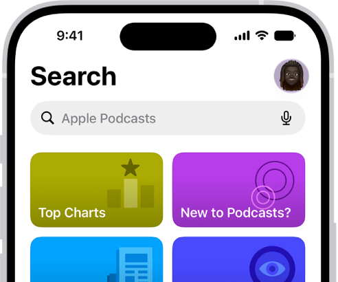 The Search screen in the Podcasts app, showing podcast categories. Toward the bottom of the screen is the MiniPlayer. Below that are the Home button and the search field.