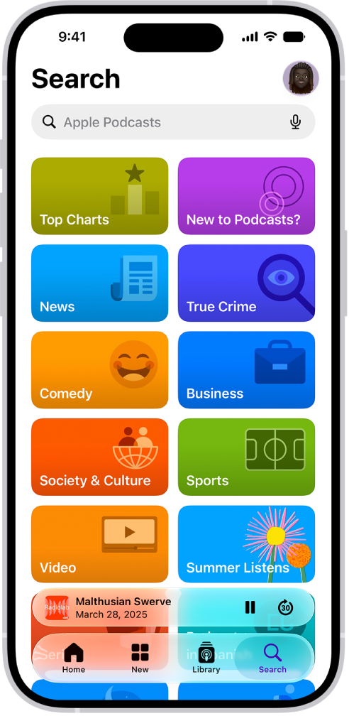 The Search screen in the Podcasts app, showing podcast categories. Toward the bottom of the screen is the MiniPlayer. Below that are the Home button and the search field.