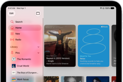 The Music app open on iPad showing the sidebar on the left and albums on the right. The MiniPlayer is at the bottom.