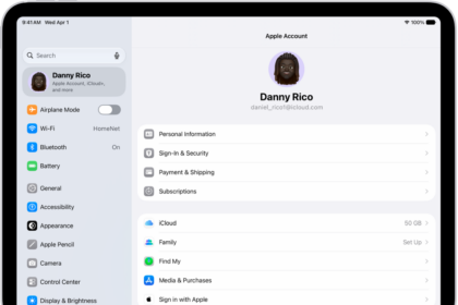 The Apple Account Settings shown with a list of options including—personal information, subscriptions, Find My, and more.