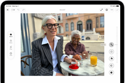 The Edit screen of the Photos app showing a photo in the center. To the left of the photo are the Adjust, Filters, and Crop buttons; Adjust is selected. To the right of the photo are buttons for editing effects and a slider to adjust each effect level.