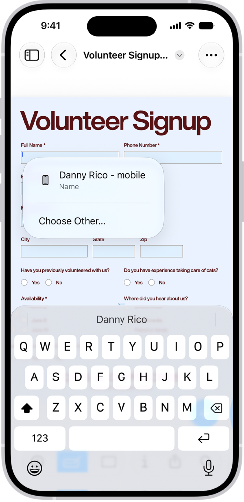 A fillable PDF form showing an AutoFill suggestion for the name and phone fields.