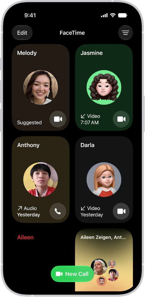 The screen for making a FaceTime call. The New Call button is at the bottom of the screen.