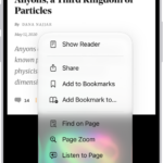 A website is open in Safari. The Page Menu button is selected and listening controls are displayed.