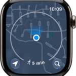 The Maps app with a circle around the current location, representing a five-minute walking radius.