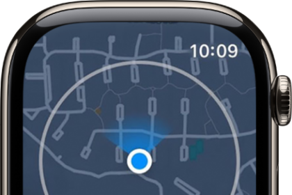 The Maps app with a circle around the current location, representing a five-minute walking radius.