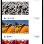 The Duplicates screen, showing duplicate photos next to each other. On the right side of the screen are Merge buttons to merge each pair of duplicate photos.