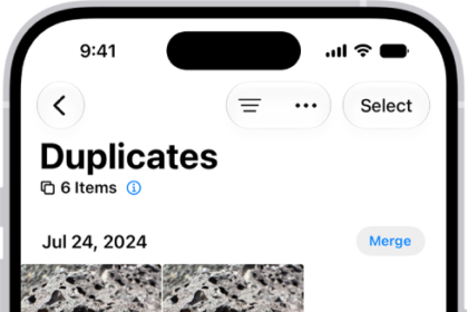 The Duplicates screen, showing duplicate photos next to each other. On the right side of the screen are Merge buttons to merge each pair of duplicate photos.
