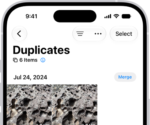 The Duplicates screen, showing duplicate photos next to each other. On the right side of the screen are Merge buttons to merge each pair of duplicate photos.