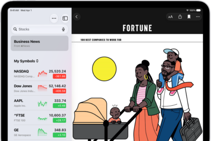 A business-related article from Apple News in the Stocks app. At the top-left corner of the article is the Back button to return to the other suggested stories. At the top-right corner are the Text Size, Share, Save, and More Actions buttons.