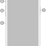 The front view of iPhone 13 Pro Max. The front camera is at the top center. The side button is on the right side. The Lightning connector is on the bottom. On the left side, from bottom to top, are the SIM tray, the volume buttons, and the Ring/Silent switch.