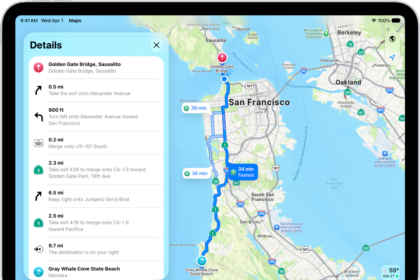 A map showing three options for routes and a detailed list of steps to get to a destination with the fewest turns.