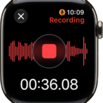 The Voice Memos app in the midst of recording a memo. A red Stop button is in the middle. Below is the recording's elapsed time. The word Recording appears at the top right.