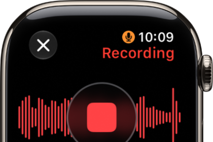 The Voice Memos app in the midst of recording a memo. A red Stop button is in the middle. Below is the recording's elapsed time. The word Recording appears at the top right.