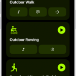 The Fitness workout screen showing three workout types. Buttons to log a workout and connect a heart rate monitor are at the top of the screen.