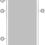 The front view of iPhone 13 mini. The front camera is at the top center. The side button is on the right side. The Lightning connector is on the bottom. On the left side, from bottom to top, are the SIM tray, the volume buttons, and the Ring/Silent switch.