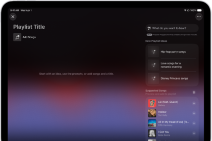 Playlist Playground open in Apple Music, showing the title field, the Add Songs button, and a search field with playlist suggestions below it.