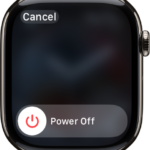 The Apple Watch screen showing the Power Off slider. Drag the slider to turn off Apple Watch.
