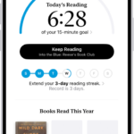 The Reading Goals screen showing stats for the user—such as today's reading, their reading record for the week, and their books read this year. Across the bottom are the tabs Home (which is selected), Library, Book Store, Audiobooks, and Search.