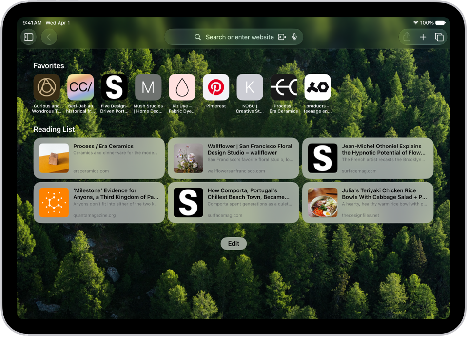 The Safari start page shown with sections for Favorites and the Reading List. Along the top, from left to right, are the Sidebar button, the Previous button, the search field, the Share button, the New Tab button, and the Tab Overview button.