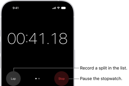 A stopwatch in the Clock app shows the overall time passed in an event, and below it are several laps listed within that event.